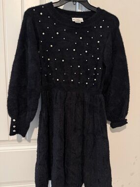 Rare Editions Black Pearl-Embellished Fuzzy Dress